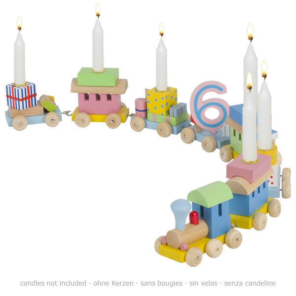 Colorful wooden train-shaped birthday candle holder with candles on a white background