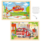 Two wooden puzzles showing a fire helicopter and a fire truck scene, printed on both sides.