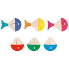 Colorful wooden fish-shaped building blocks on a white background