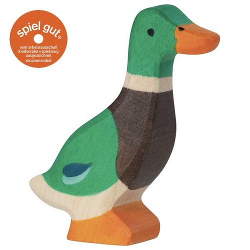 Wooden duck toy with 'spiel gut' logo on a white background