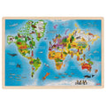 World map puzzle with colorful illustrations on a wooden frame
