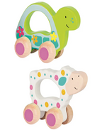 Two colorful wooden toys shaped like a turtle and sheep on a white background