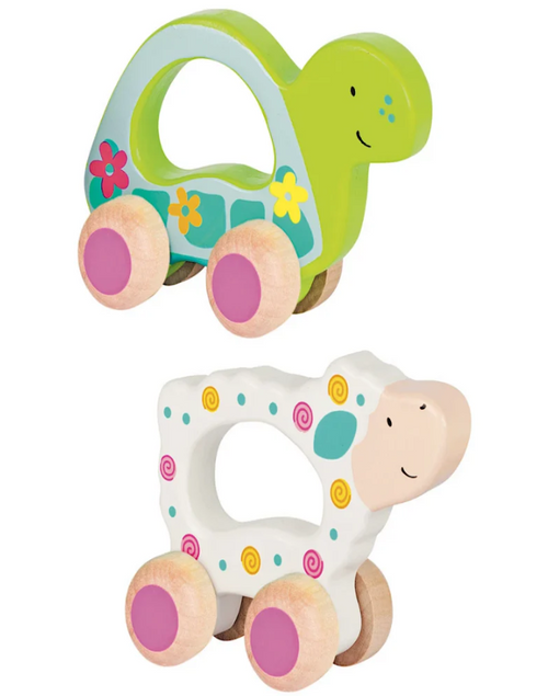 Two colorful wooden toys shaped like a turtle and sheep on a white background