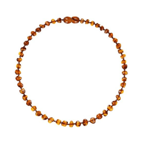 Necklace with cognac amber beads on a white background