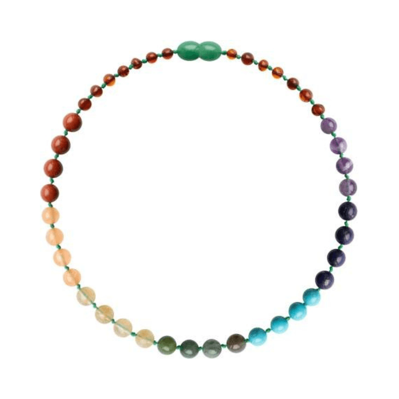 Multicolored beaded necklace on a white background