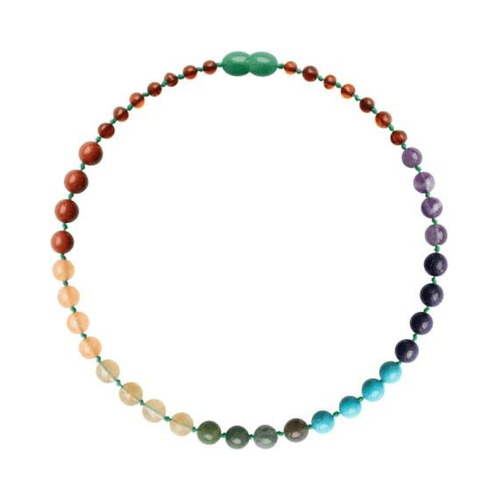 Multicolored beaded necklace on a white background