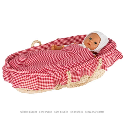 Red gingham baby crib with a doll inside on a white background