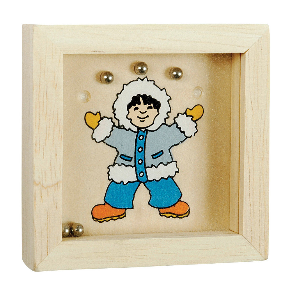 Wooden toy with a character in a snowy outfit on a white background