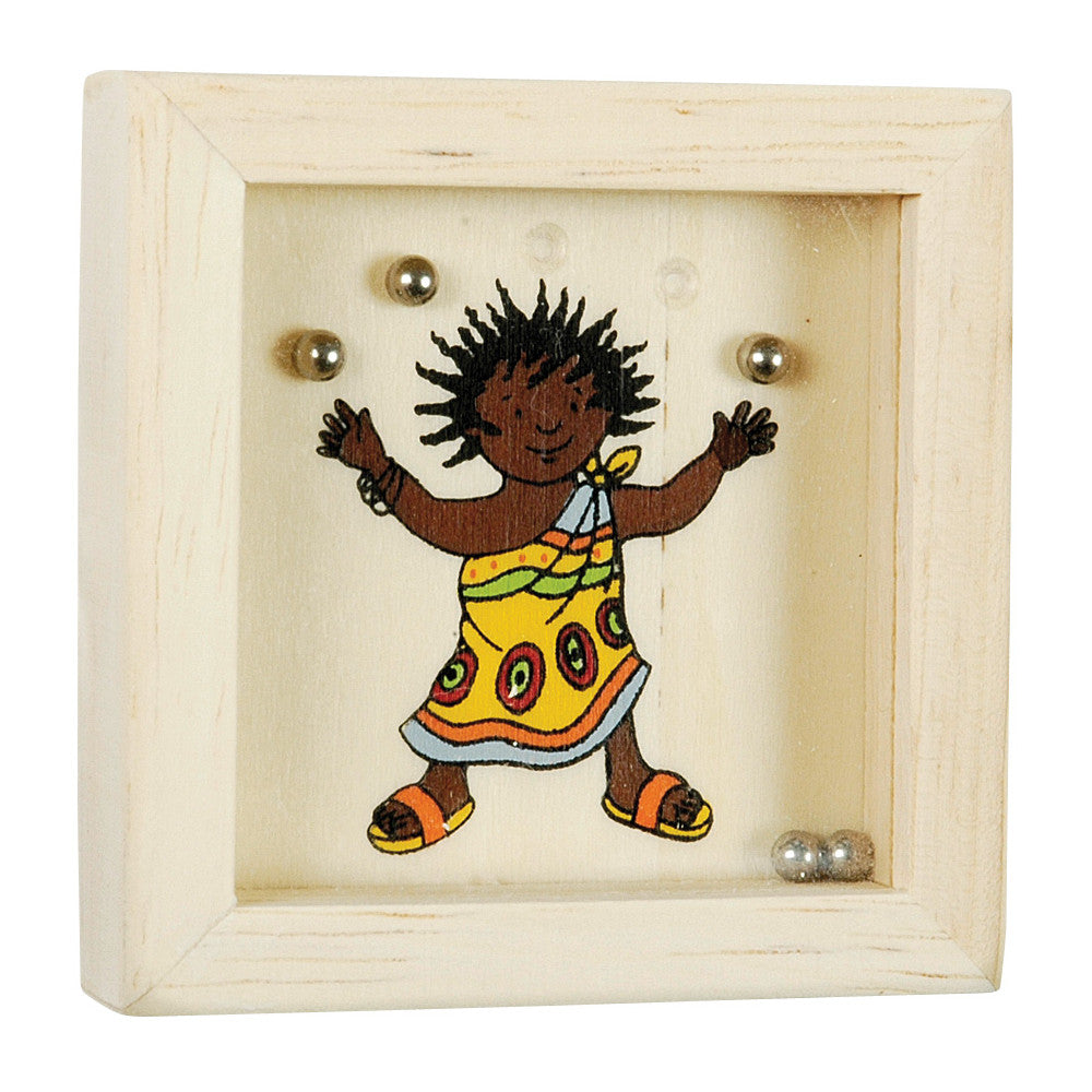 Wooden toy with a colorful illustration of a child in a yellow dress on a white background