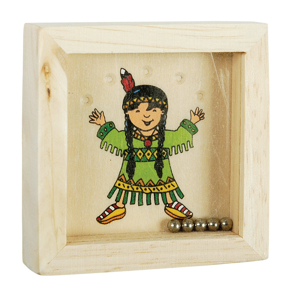 Wooden box with a painted figure of a girl in a green dress and headdress on a white background