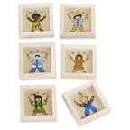 Set of six small wooden games with colourful illustrations of children on a white background
