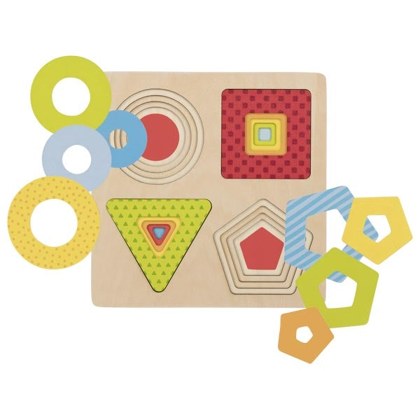 Wooden shape sorting toy with colorful geometric shapes on a white background