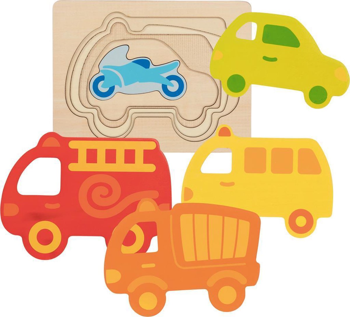 Set of colorful wooden vehicle-shaped toys with a puzzle piece in the background.