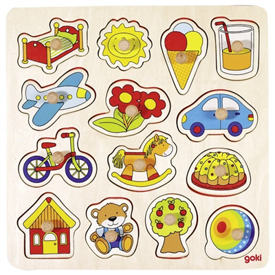 Wooden puzzle with colorful shapes and images on a white background