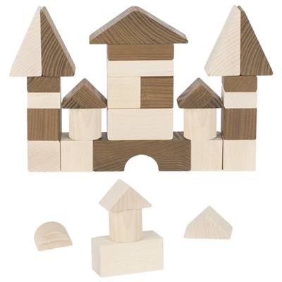 Wooden building blocks with brown and beige colors on a white background