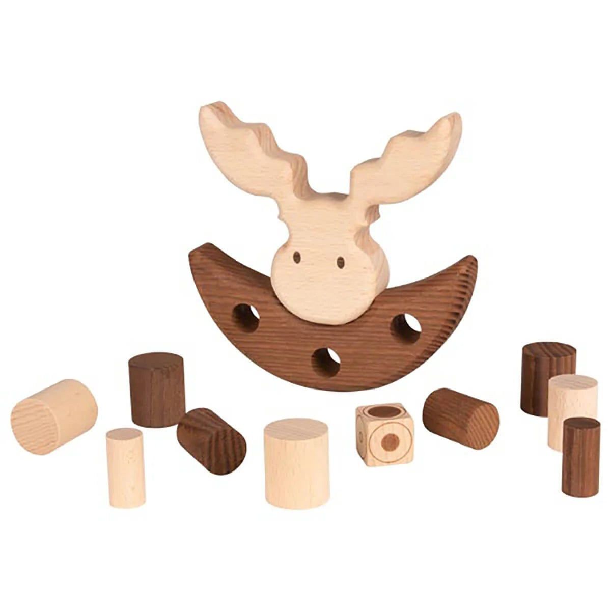 Wooden moose toy with various wooden blocks on a white background