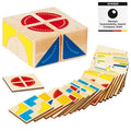 Wooden geometric shape sorting toy with colorful pieces and a box on a white background.