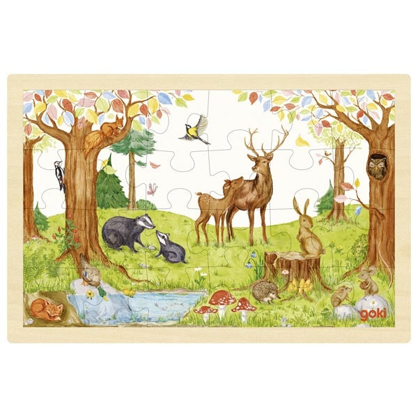 Wooden puzzle with forest animals design on a white background