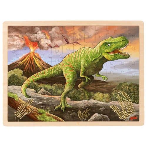 Dinosaur puzzle with T-Rex and volcano in the background