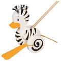 Pull toy duck with zebra pattern on a white background