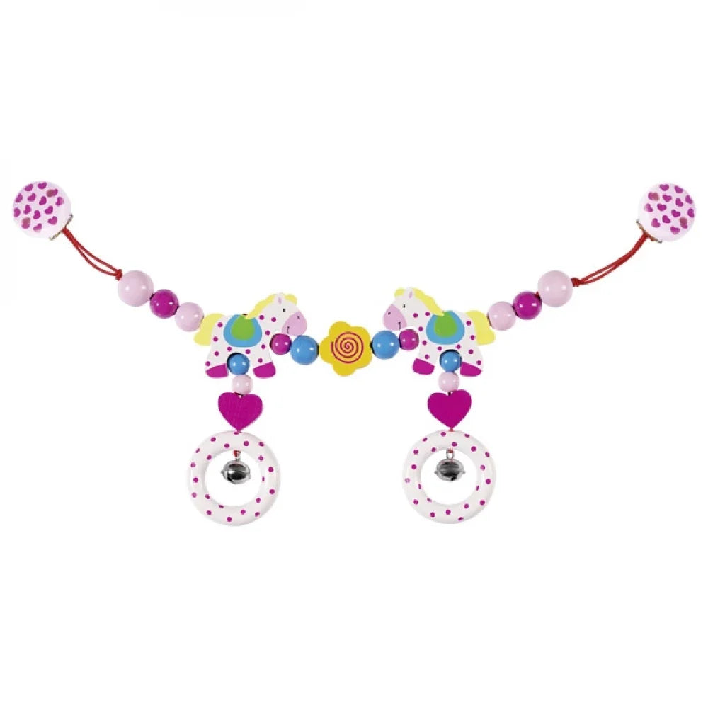 Colorful beaded pram chain with heart and horse charms on a white background