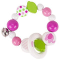 Colorful baby teething ring with pink, green, and white beads on a white background