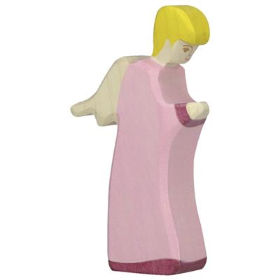 Figurine of a woman with yellow hair and pink dress on a white background