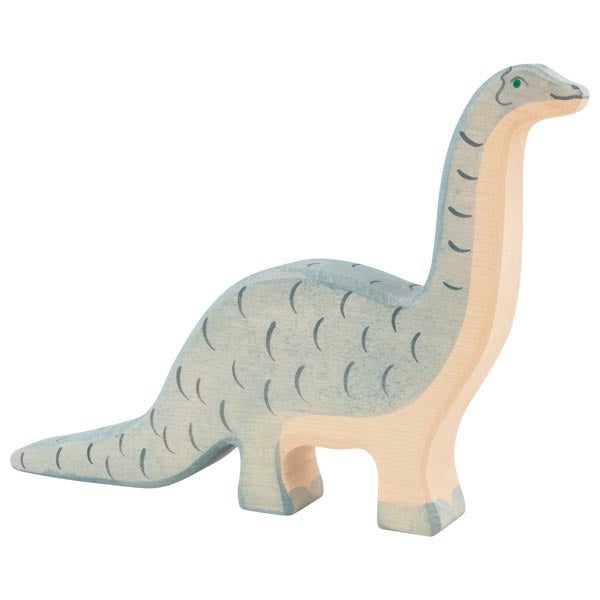 Wooden toy dinosaur model on a white background