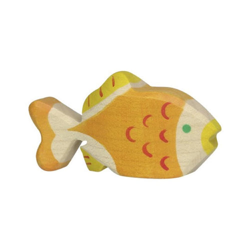 A wooden figure of a yellow fish with red and green accents, handcrafted and painted.