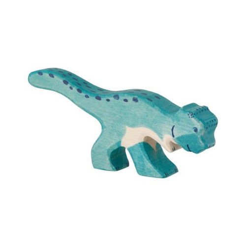 Wooden toy dinosaur figure on a white background
