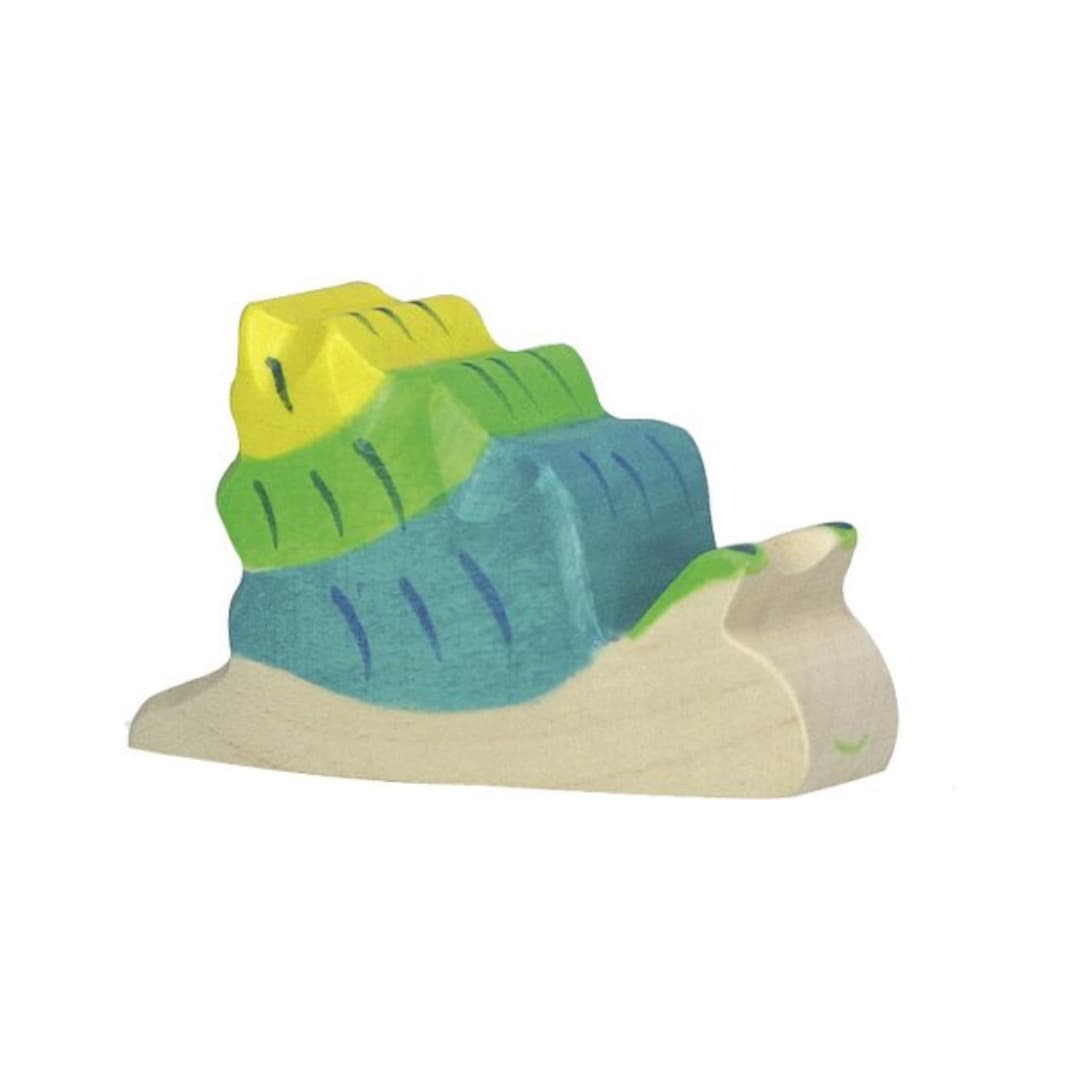 Toy snail figure with a green, blue and yellow shell on a white background