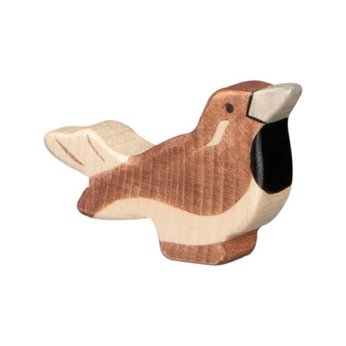 Wooden Sparrow Toy by Holztiger. the bird is Brown on a beige base.