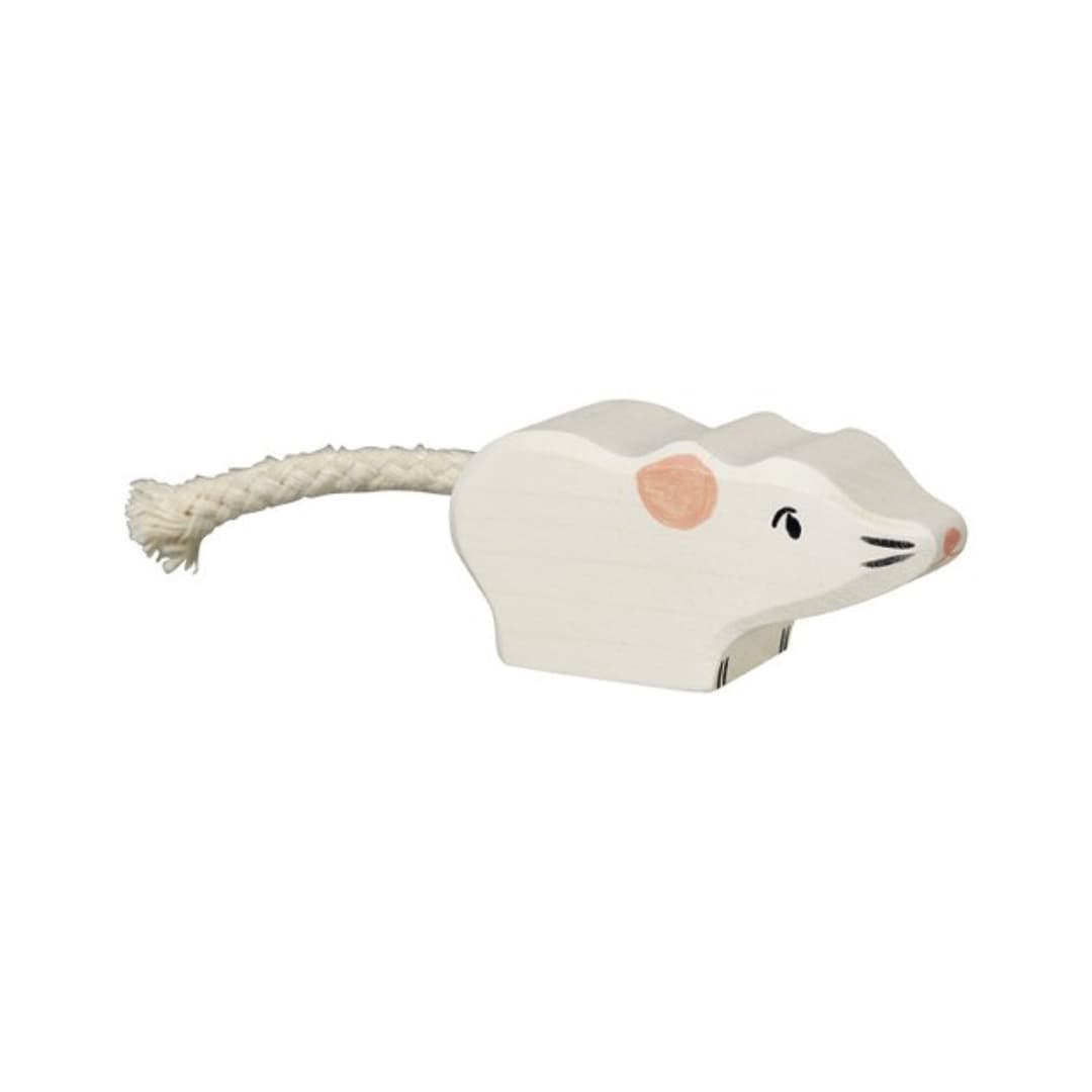 wooden White mouse toy with a pink nose on a white background