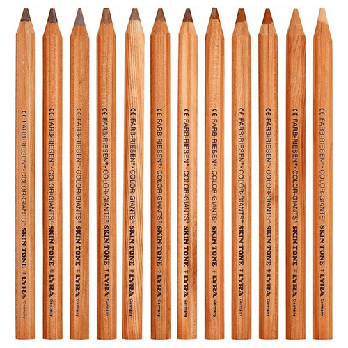 Row of wooden Lyra colored pencils with visible branding on a white background