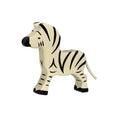 A wooden figure of a baby zebra with black and white stripes, handcrafted and painted.