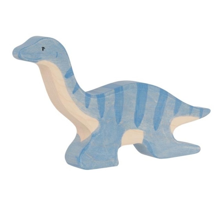A wooden figure of a blue plesiosaur, handcrafted from sustainable European maple wood, with natural dyes.